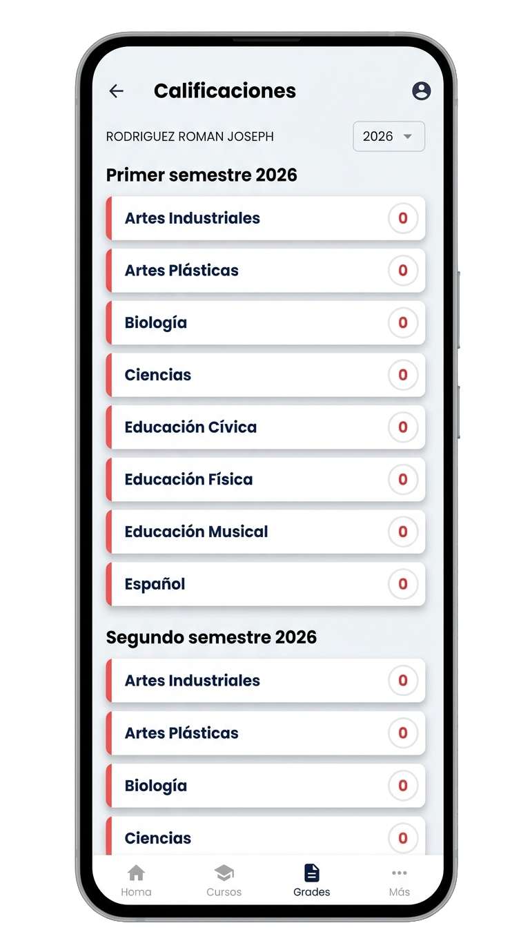 Vista de calificaciones y boletas en ColeManager Hogar