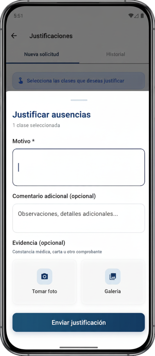 Vista de envío de justificaciones en ColeManager Hogar